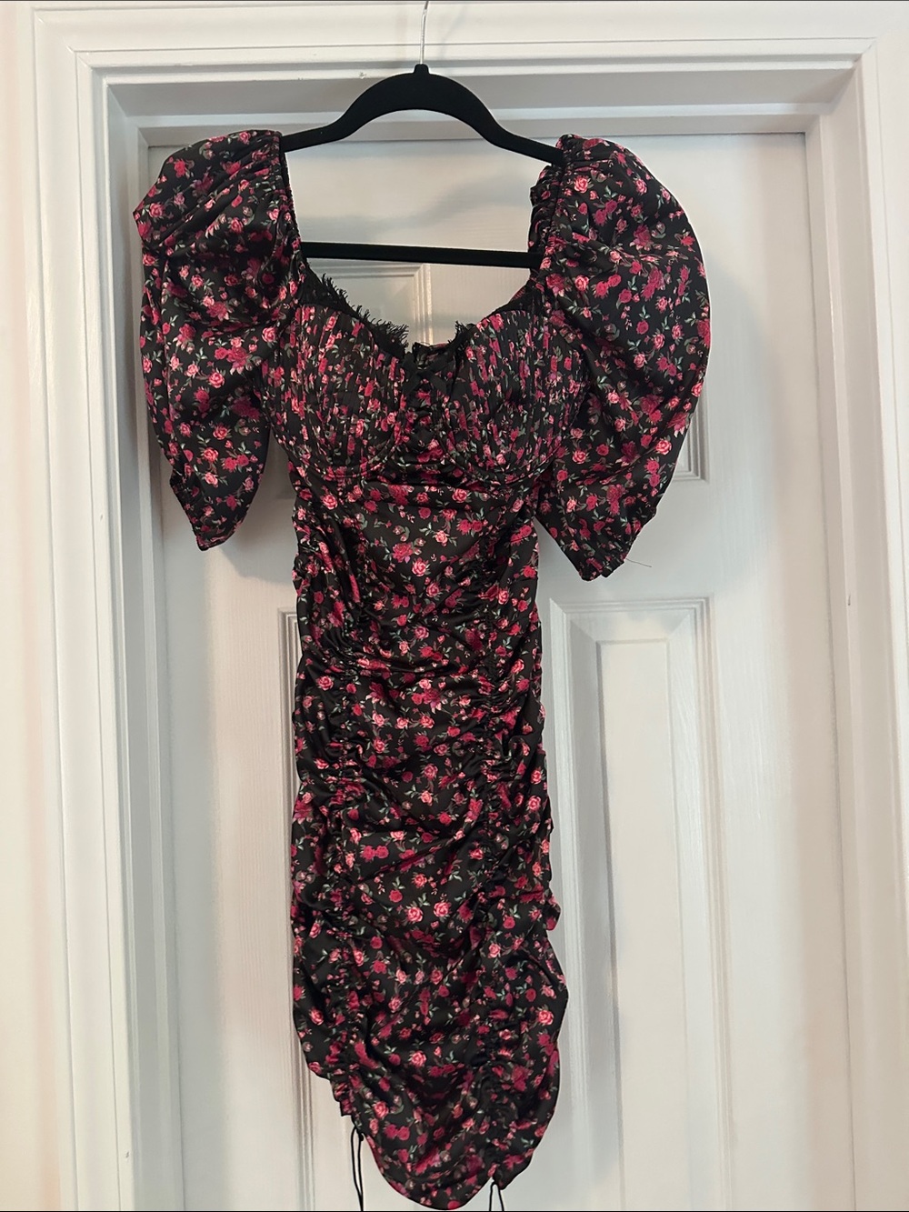 For Love & Lemons Black Mini Dress with Pink Floral Print and Puff Sleeves